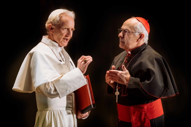 Anton Lesser as Pope Benedict XVI and Nicholas Woodeson as Cardinal Bergoglio (the future Pope Francis)