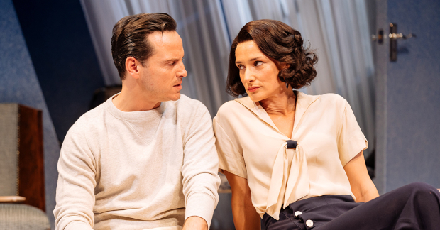 Andrew Scott as Garry Essendine and Indira Varma as Liz Essendine in Present Laughter