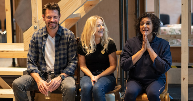 Lloyd Owen, Sarah Hadland and Meera Syal in Noises Off rehearsals