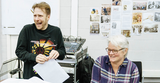 Sarah Travis (right) with director Nikolai Foster during rehearsals for Scrooge the Musical in 2017