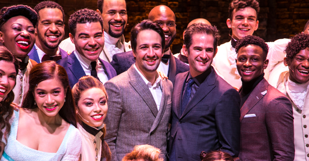 The Hamilton creative team with members of the original West End cast