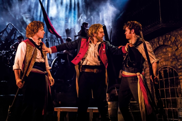 Ashley Gilmour as Enjolras, Jon Robyns as Jean Valjean and Harry Apps as Marius 