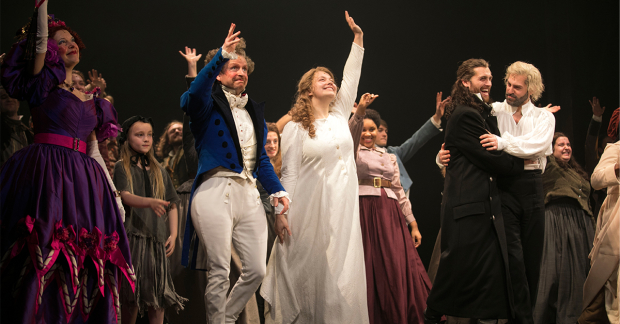 Josefina Gabrielle (Madame Thénardier), Ian Hughes (Thénardier), Carrie Hope Fletcher (Fantine), Bradley Jaden (Javert) and Jon Robyns (Jean Valjean)