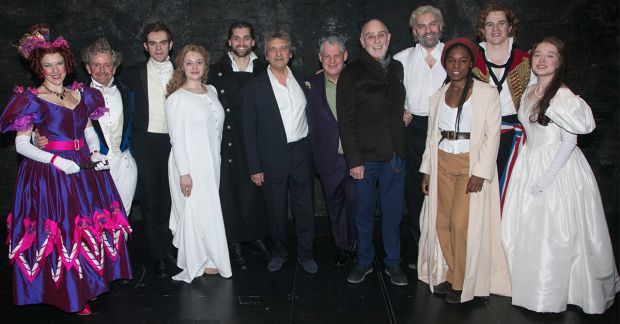 Josefina Gabrielle (Madame Thénardier), Ian Hughes (Thénardier), Harry Apps (Marius), Carrie Hope Fletcher (Fantine), Bradley Jaden (Javert), Alain Boublil (author), Cameron Mackintosh (producer), Claude-Michel Schönberg (music), Jon Robyns (Jean Valjean), Shan Ako (Eponine), Ashley Gilmour (Enjolras) and Lily Kerhoas (Cosette)