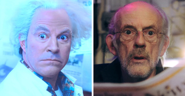 Roger Bart and Christopher Lloyd in the Back to the Future trailer