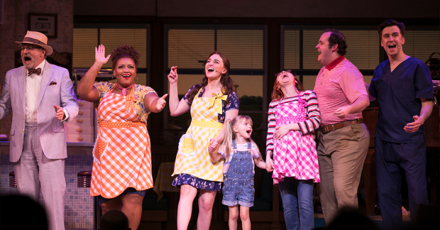 The cast of Waitress on stage at the Adelphi Theatre, with new cast members Sara Bareilles, Evelyn Hoskins and Gavin Creel