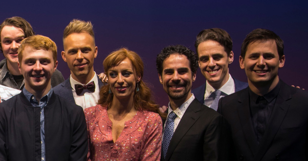 Left to right: Sam Tutty, Justin Paul, Rebecca McKinnis, Alex Lacamoire, Steven Levenson and Benj Pasek