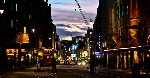 Shaftesbury Avenue at dusk
