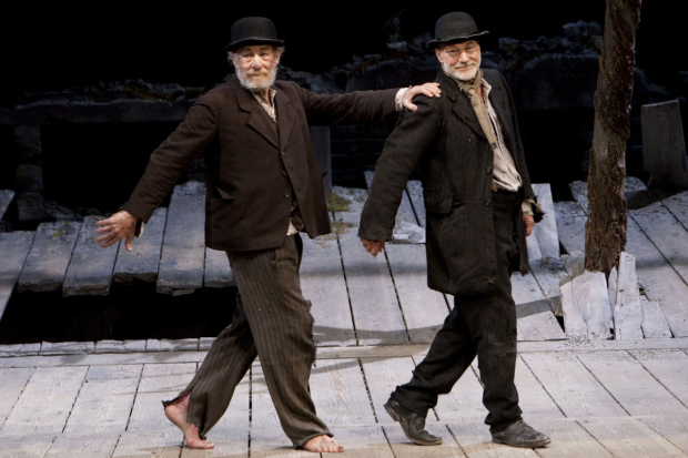 Ian McKellen (Estragon) and Patrick Stewart (Vladimir) during the curtain call for Waiting for Godot at the Theatre Royal Haymarket, London, England on 6th May 2009. (Credit should read: Dan Wooller/wooller.com). Paid use only. No Syndication