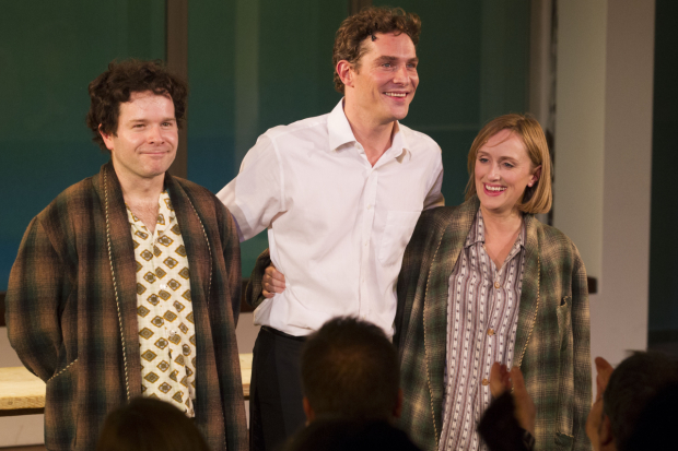 Damian Humbley (Charley Kringas), Mark Umbers (Franklin Shepard) and Jenna Russell (Mary Flynn) during the curtain call on press Night for Merrily We Roll Along at the Menier Chocolate Factory. The piece was critically lauded. 