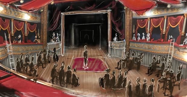A sketch lay-out for the reconfigured auditorium 