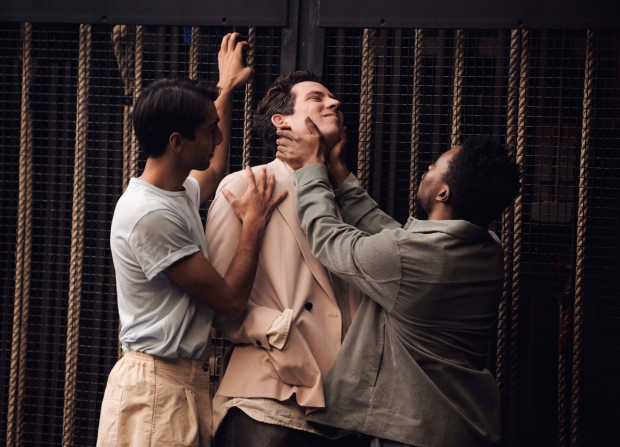 Shubham Saraf (Benvolio), Josh O&#39;Connor (Romeo) and Fisayo Akinade (Mercutio)