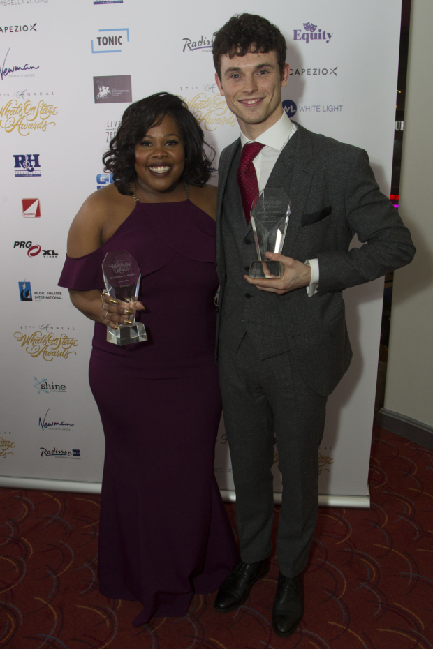 Amber Riley accepts the award for Best Actress in a Musical for Dreamgirls and Charlie Stemp accepts the award for Best Actor in a Musical for Half a Sixpence