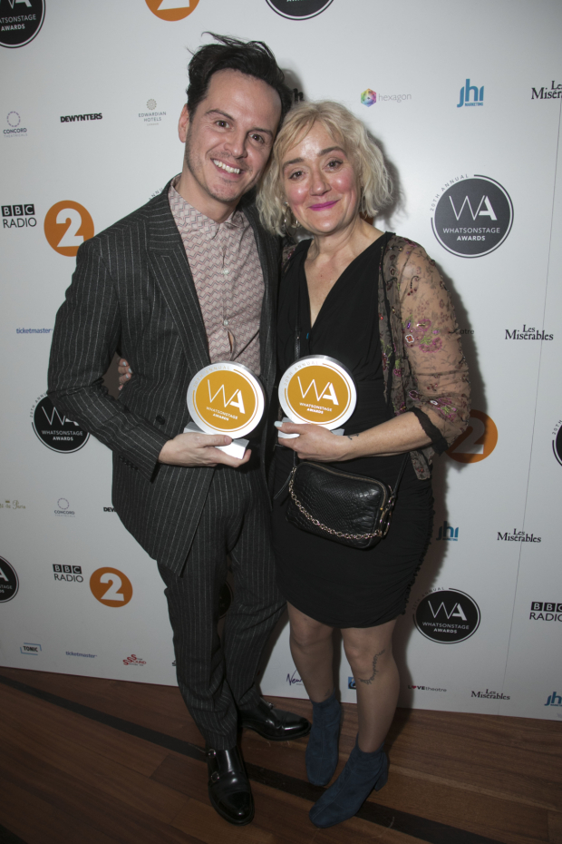 Andrew Scott accepts the award for Best Actor in a Play and Sophie Thompson accepts the award for Best Supporting Actress in a Play for Present Laughter
