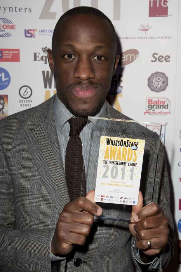 Giles Terera accepts the Award for Best Shakespearean Production for Hamlet 