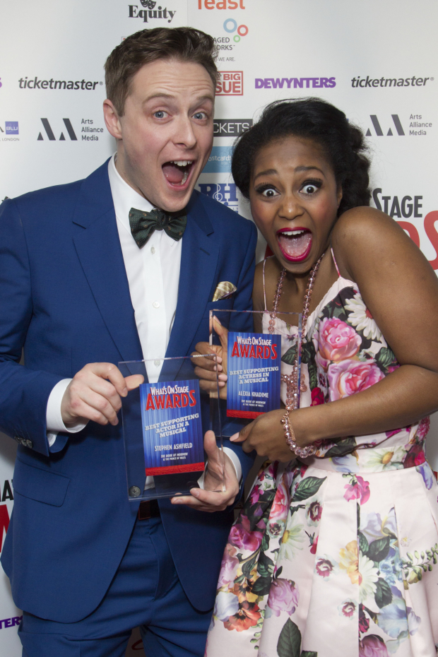 Stephen Ashfield accepts the 2014 WhatsOnStage Award for Best Supporting Actor in a Musical for The Book of Mormon and Alexia Khadime accepts the 2014 WhatsOnStage Award for Best Supporting Actress in a Musical for The Book of Mormon