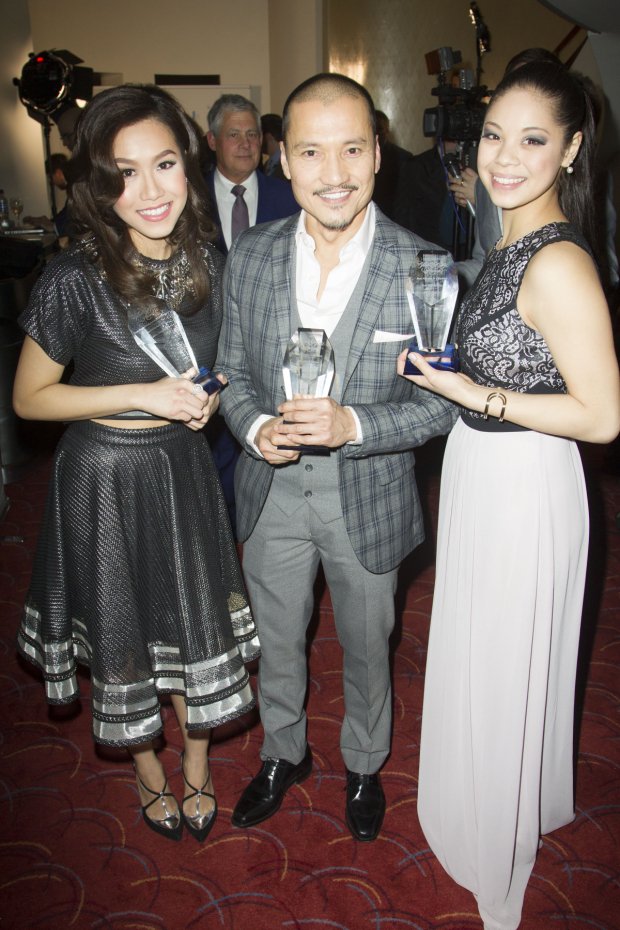 Rachelle Ann Go accepts the 2015 WhatsOnStage Award for Best Supporting Actress in a Musical for Miss Saigon, Jon Jon Briones accepts the 2015 WhatsOnStage Award for Best Actor in a Musical for Miss Saigon and Eva Noblezada accepts the 2015 WhatsOnStage Award for Best Actress in a Musical for Miss Saigon at the 2015 WhatsOnStage Awards Concert at the Prince of Wales Theatre