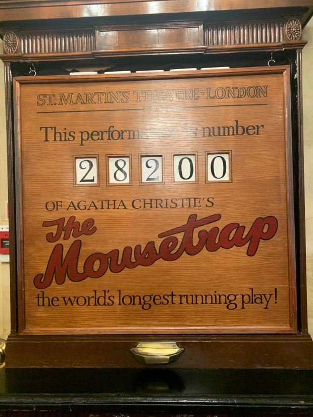 The board in the foyer of The Mousetrap 