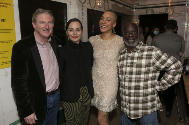  Adrian Dunbar (Ghost/Claudius), Tara Fitzgerald (Gertrude), Cush Jumbo (Hamlet) and Joseph Marcell (Polonius)