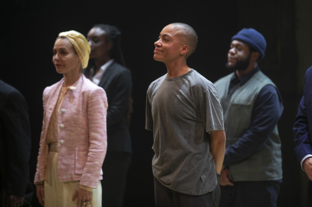 Tara Fitzgerald (Gertrude) and Cush Jumbo (Hamlet) during the curtain call