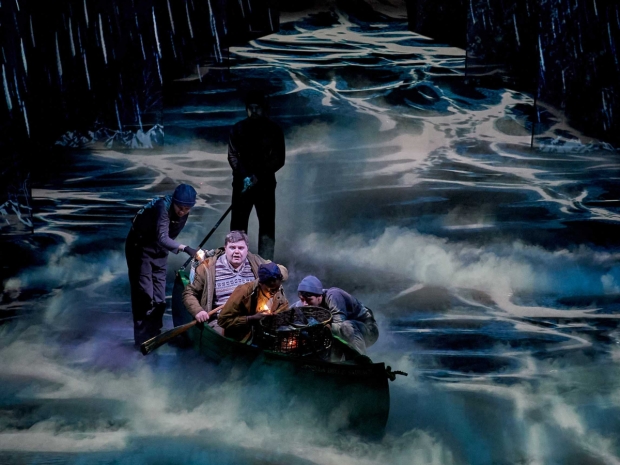 Heather Forster (Asta), Samuel Creasey (Malcolm Polstead) and Ella Dacres (Alice Parslow) – in canoe 