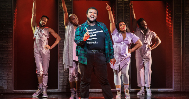 Jason Veasey, James Jackson Jr, Jaquel Spivey (center), L Morgan Lee, and Antwayn Hopper appear in Michael R Jackson&#39;s A Strange Loop, directed by Stephen Brackett, at Broadway&#39;s Lyceum Theatre.