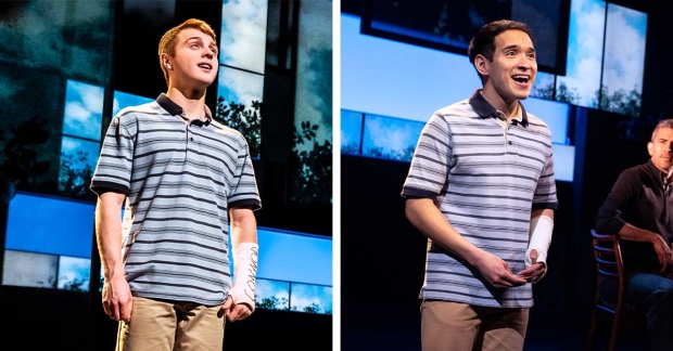 Sam Tutty as Evan Hansen in the West End / Zachary Noah Piser as Evan Hansen on Broadway