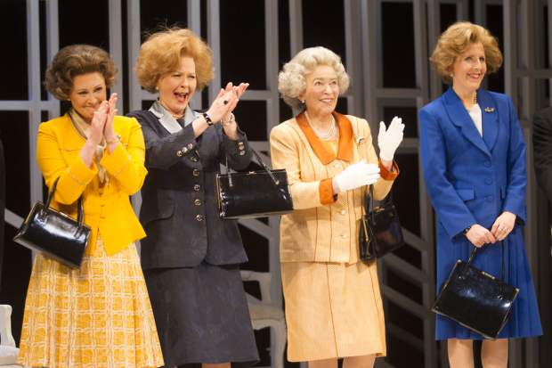 Lucy Robinson (Liz), Stella Gonet (T), Marion Bailey (Q) and Fenella Woolgar (Mags) during the curtain call on press night of Handbagged at the Vaudeville Theatre