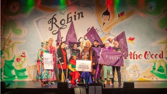 The cast of Oldham Coliseum's production of Robin Hood onstage with Oldham East and Saddleworth MP Debbie Abrahams and Equity's North West Official Paul Liversey