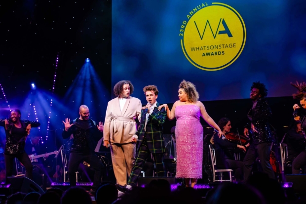 WhatsOnStage Awards hosts Billy Luke Nevers, Laurie Kynaston and Courtney Bowman