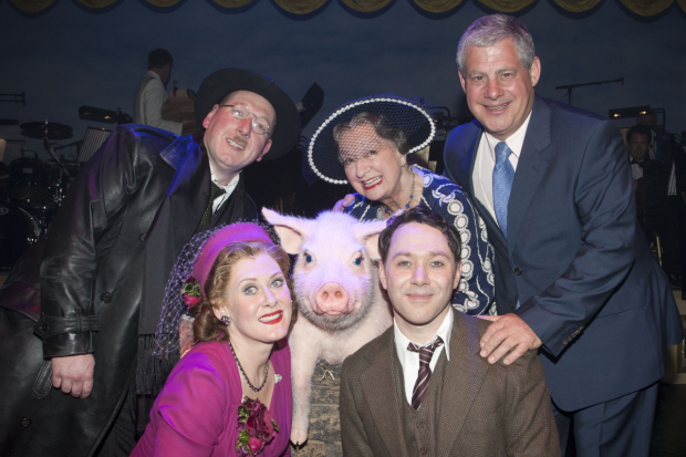 Adrian Scarborough (Inspector Wormold), Sarah Lancashire (Joyce Chilvers), Betty, Reece Shearsmith (Gilbert Chilvers) backstage after the curtain call on Press Night for Betty Blue Eyes