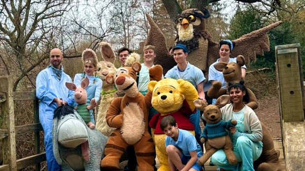 Winnie the Pooh classic characters gather on Pooh Bridge