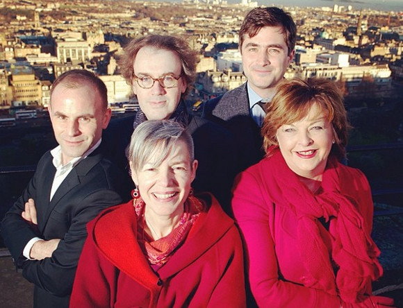 NTS artistic director Laurie Sansom with EIF&#39;s Jonathan Mills, playwright Rona Munro, NT&#39;s Robin Hawkes and Scottish Secretary for Culture Fiona Hyslop