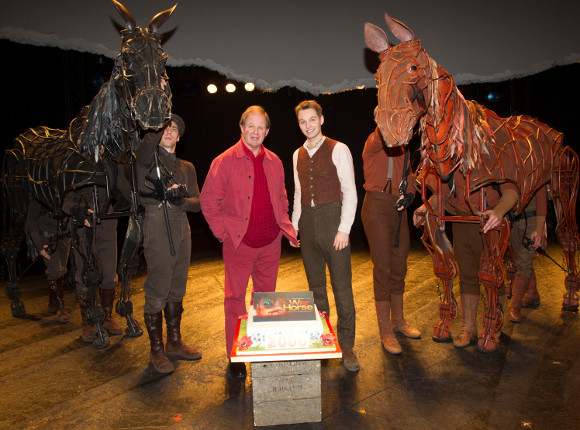 Michael Morpurg and Sion Daniel Young (Albert Narracott) mark War Horse&#39;s 2000th performance at the New London 