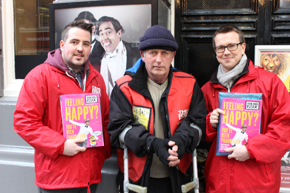 Ben and Theo with their Big Issue vendor John.