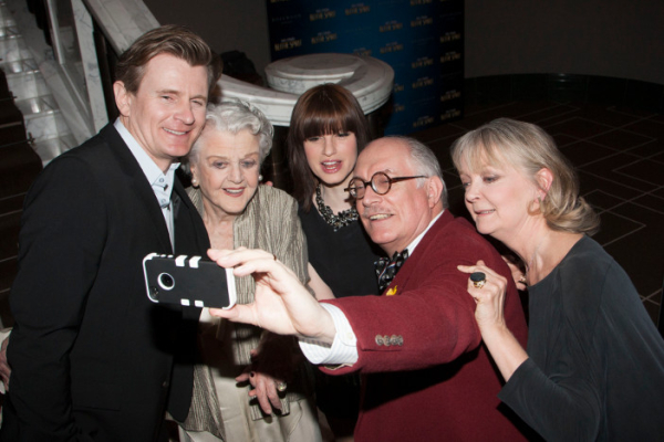 Charles Edwards, Angela Lansbury, Jemima Rooper, Simon Jones and Serena Evans pose for a &#39;selfie&#39; at last night&#39;s opening of Blithe Spirit