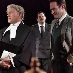 David Bowen as Sir Wilfrid Robarts, Q.C., Adam Elms as Mr. Mayhem and Andrew Dowbiggin as Leonard Vole in Theatre Mill&#39;s Witness for the Prosecution.