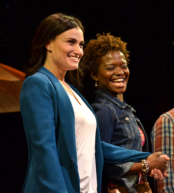 Idina Menzel and LaChanze share a moment as they take a bow on the opening night of If/Then 