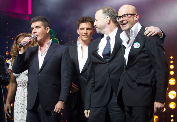 Simon Cowell on stage with Nigel Harman, Steve Brown and Harry Hill at the press night of I Can&#39;t Sing!