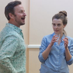 Andy Cryer and Jennifer Bryden in rehearsals for Last Train to Scarborough, currently running at the Stephen Joseph Theatre.