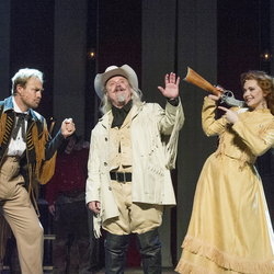 Norman Pace (c) as Buffalo Bill with Jason Donovan (l) and Emma Williams (r) in Annie Get Your Gun.