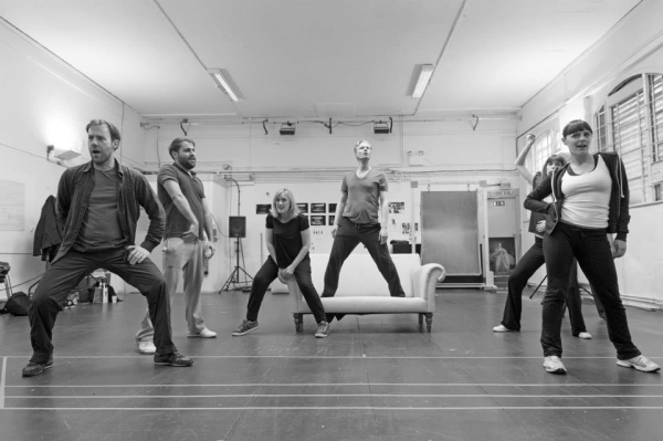 Cast in rehearsal for Mr Burns at the Almeida Theatre