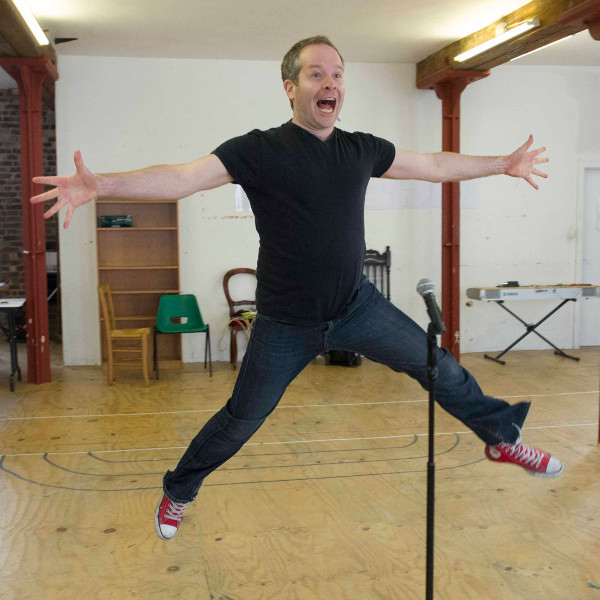 Damian Humbley in rehearsal for Forbidden Broadway