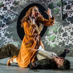 Claire Booth as the Vixen and Joshua Bloom as Harasta in The Cunning Little Vixen (Garsington Opera)