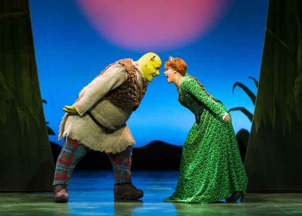 Dean Chisnall (Shrek) and Faye Brookes (Princess Fiona) in Shrek The Musical UK Tour
