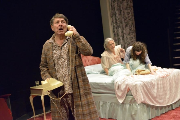 Graham Seed (Nick), Penelope Beumont (Delia) and Emma Noakes (Susannah) in Salisbury Playhouse&#39;s Bedroom Farce