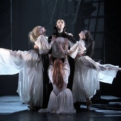 Northern Ballet dancers Christopher Hinton-Lewis (Dracula), Hannah Bateman, Victoria Sibson and Rachael Gillespie (The Brides) in David Nixon&#39;s Dracula. 