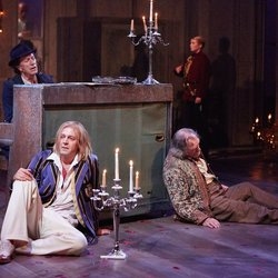 Front (L-R): Milo Twomey as Sir Andrew Aguecheek and David Fielder as Sir Toby Belch. Back (L-R): Brian Protheroe as Feste and Rose Reynolds as Viola