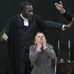 Joseph Mydell (Gov Giles Danforth) and Kate Phillips (Abigail Williams) in Arthur Miller&#39;s The Crucible directed by James Brining