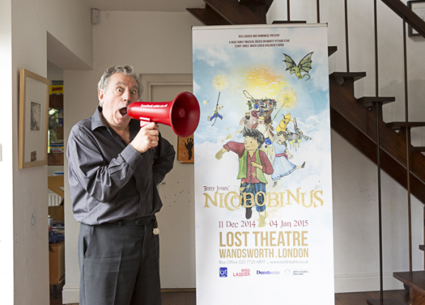 Terry Jones with the poster for Nicobobinus